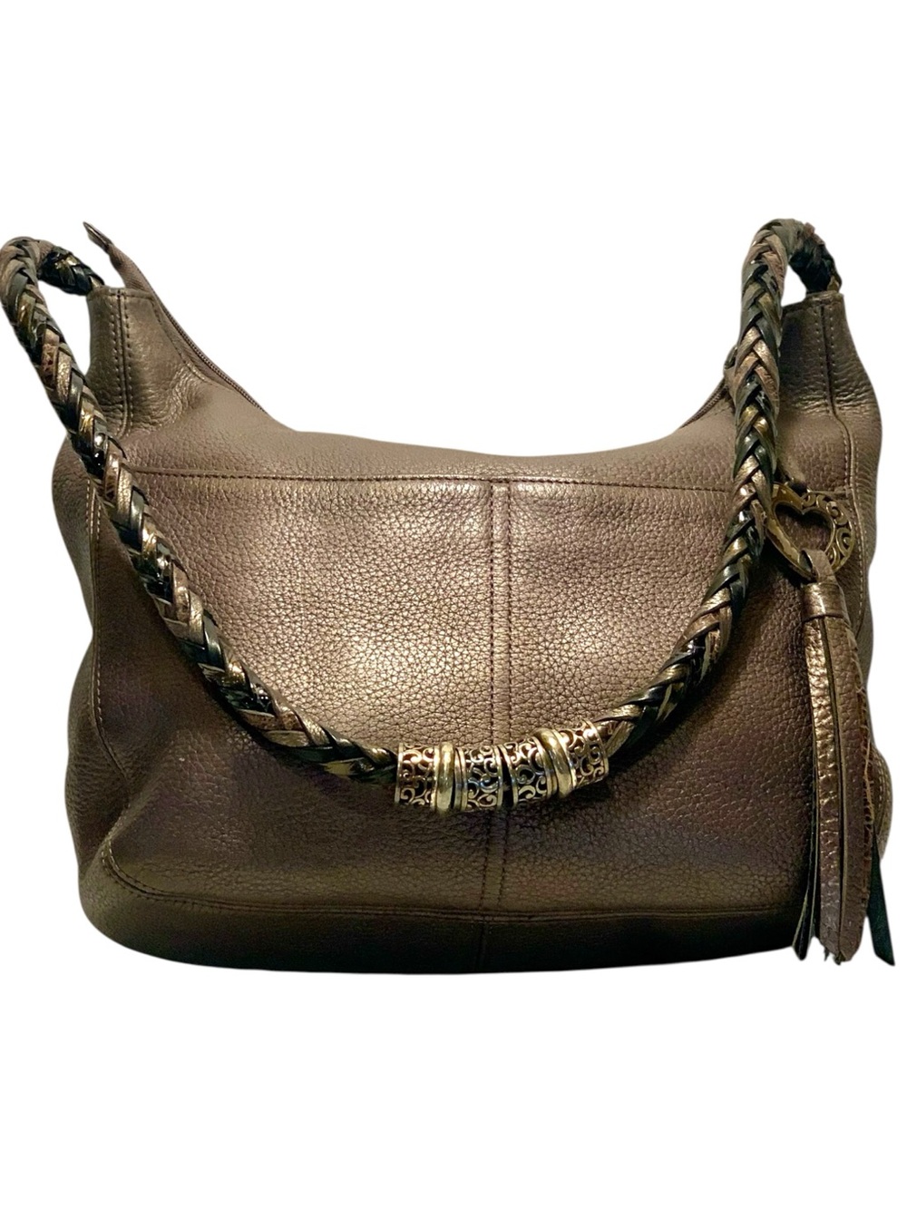 Brighton Barbados Hobo in "Pewter" pebbled leather. Braided-Handle Shoulder Bag